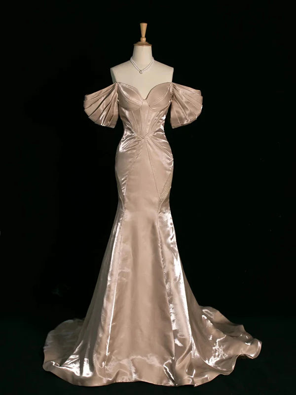 Wholesale Pretty Mermaid Off The Shoulder Satin Long Champagne Prom Dresses Party Evening Dress formal wear dresses 